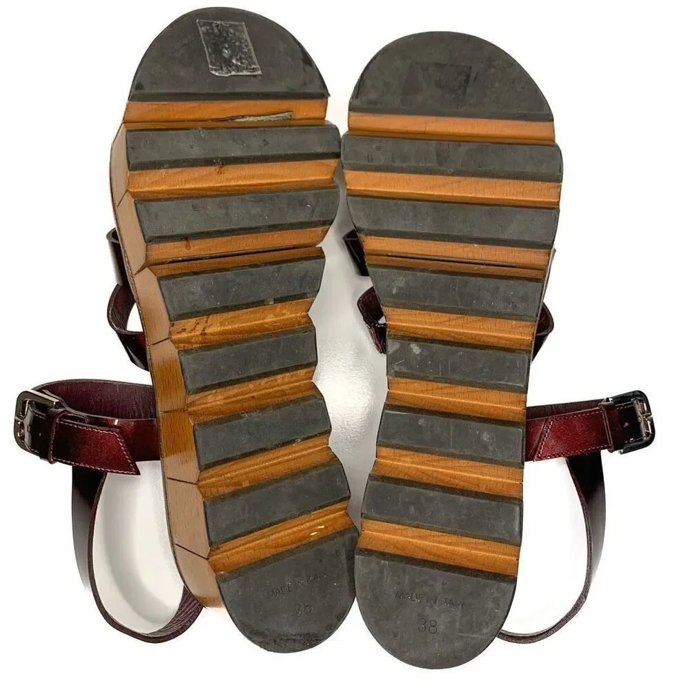 Chanel Burgundy Patent Leather CC Logo Wooden Platform Sandals EU 38 US 7-7.5